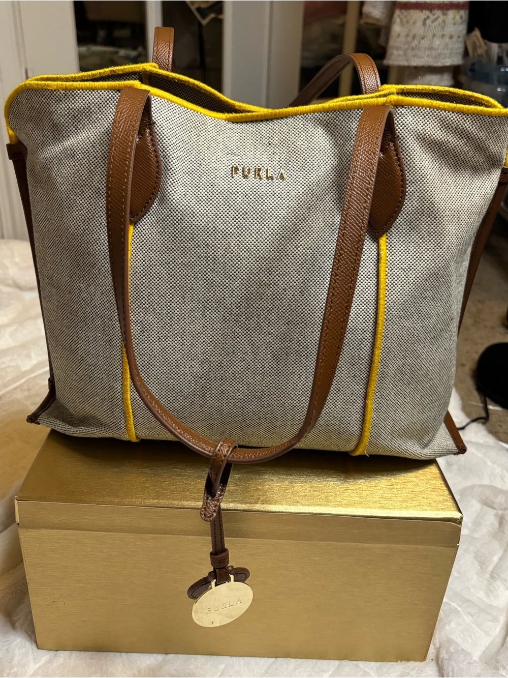 Furla Beige Canvas Tote with Brown Leather Handles and Yellow Trim